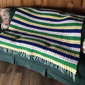 Vintage Afghan Blanket Throw~Handmade Crochet~Striped Gr/Yel/Bl/Wh~Fringes~64X58